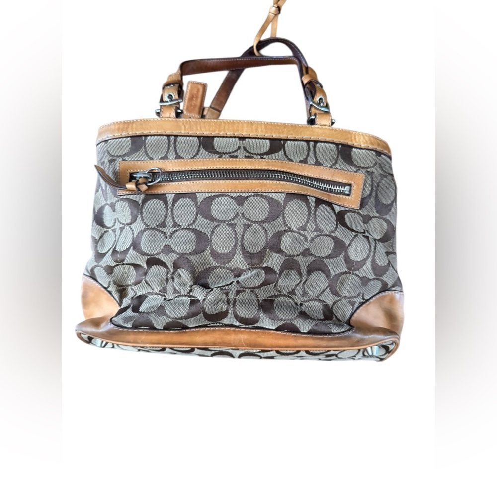 Coach Vintage Signature Monogram Brown Tan Leather Trim Tassel Handbag #8630